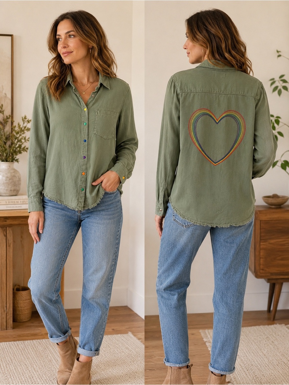 Lauren Moshi Green Rainbow Heart Button Down Shirt, size Small